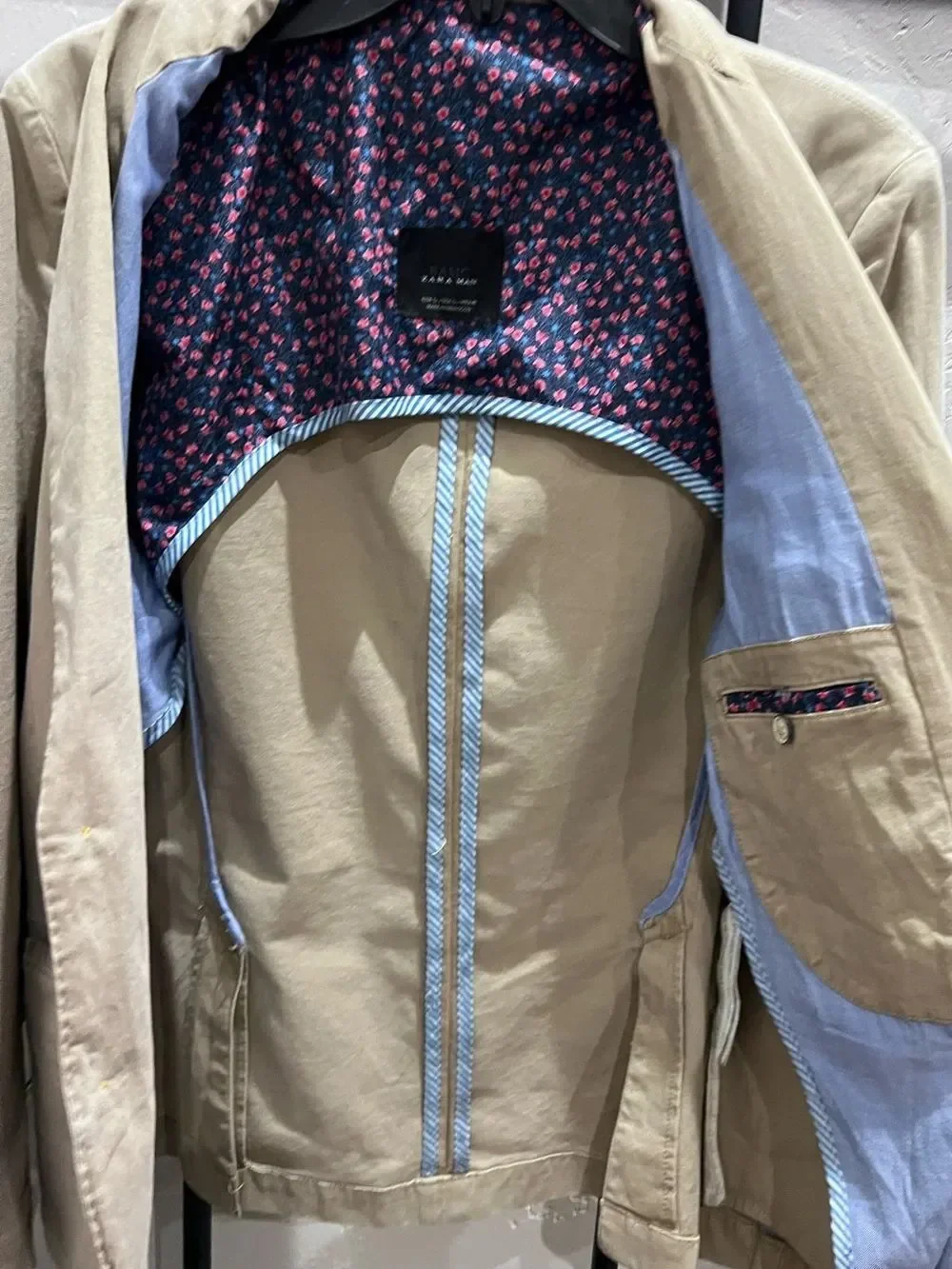 Zara Man Blazer Cotton Denim Tan Khaki Size Large